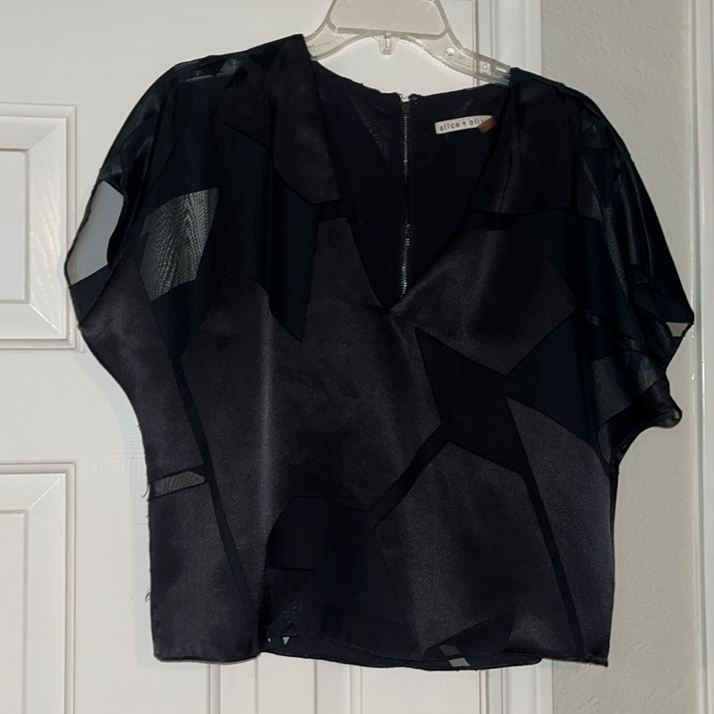 Alice + Olivia V-Neck Black Geometric Blouse with Sheer Panel Detailing Size M